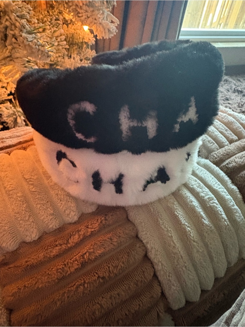 Fashion set of 2 Black & White Faux Fur Hat with Lettering